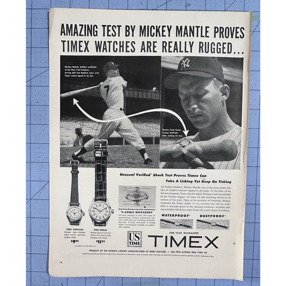 Original 1953 Timex Ad Amazing Test Mickey Mantle Timex Watches are Rugged
